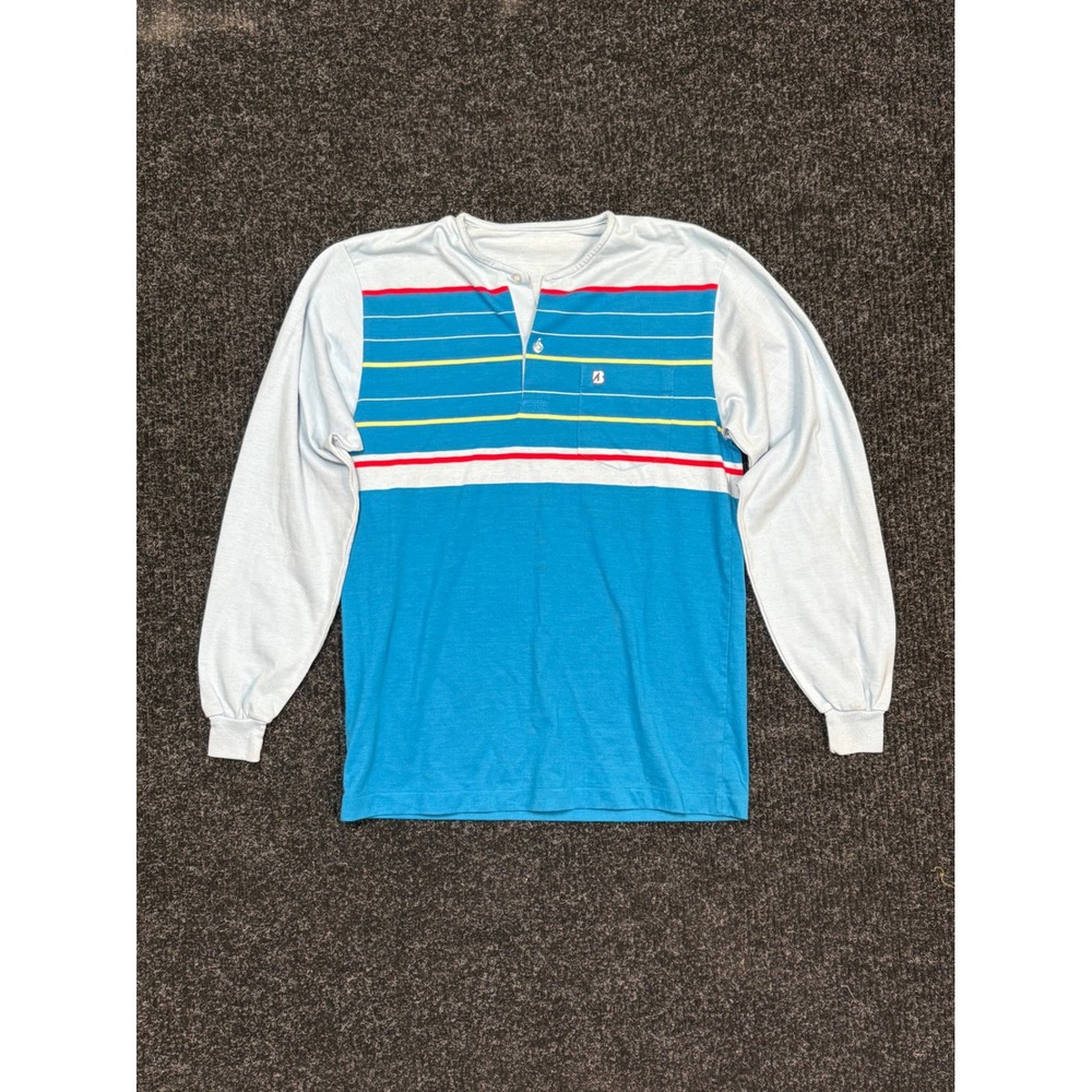 Bridgestone Vintage 90s Long Sleeve Henley Striped Blue Golf Shirt Mens Medium